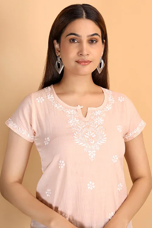 Shwet Women Peach Chikankari Cotton Short Top