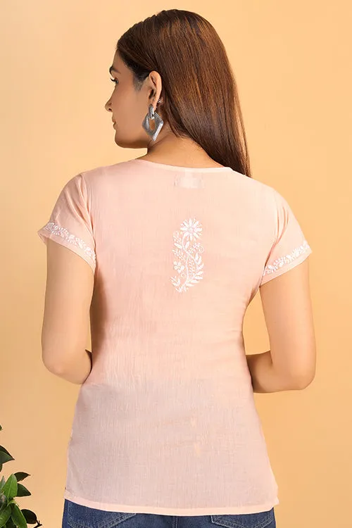 Shwet Women Peach Chikankari Cotton Short Top