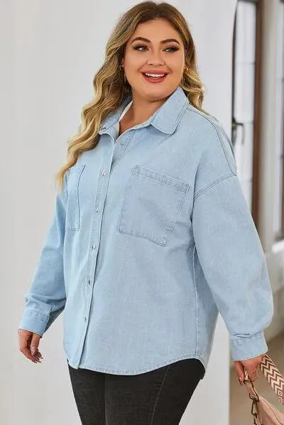 Stylish Plus Size Denim Jacket: Snap Down & Pocketed - Women's Shackets