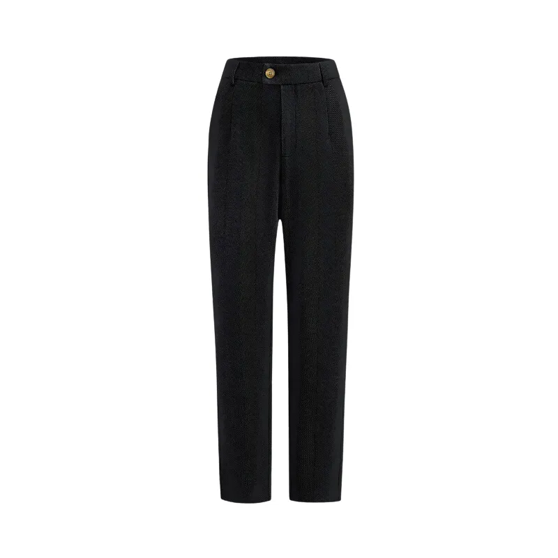 Tailored Fit Tweed Herringbone Pattern High-Waisted Trousers