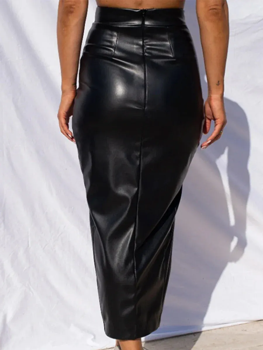 Waist Leather Solid Color Slit Hem Slim Elegant Leather Midi Pencil Mini High Skirt