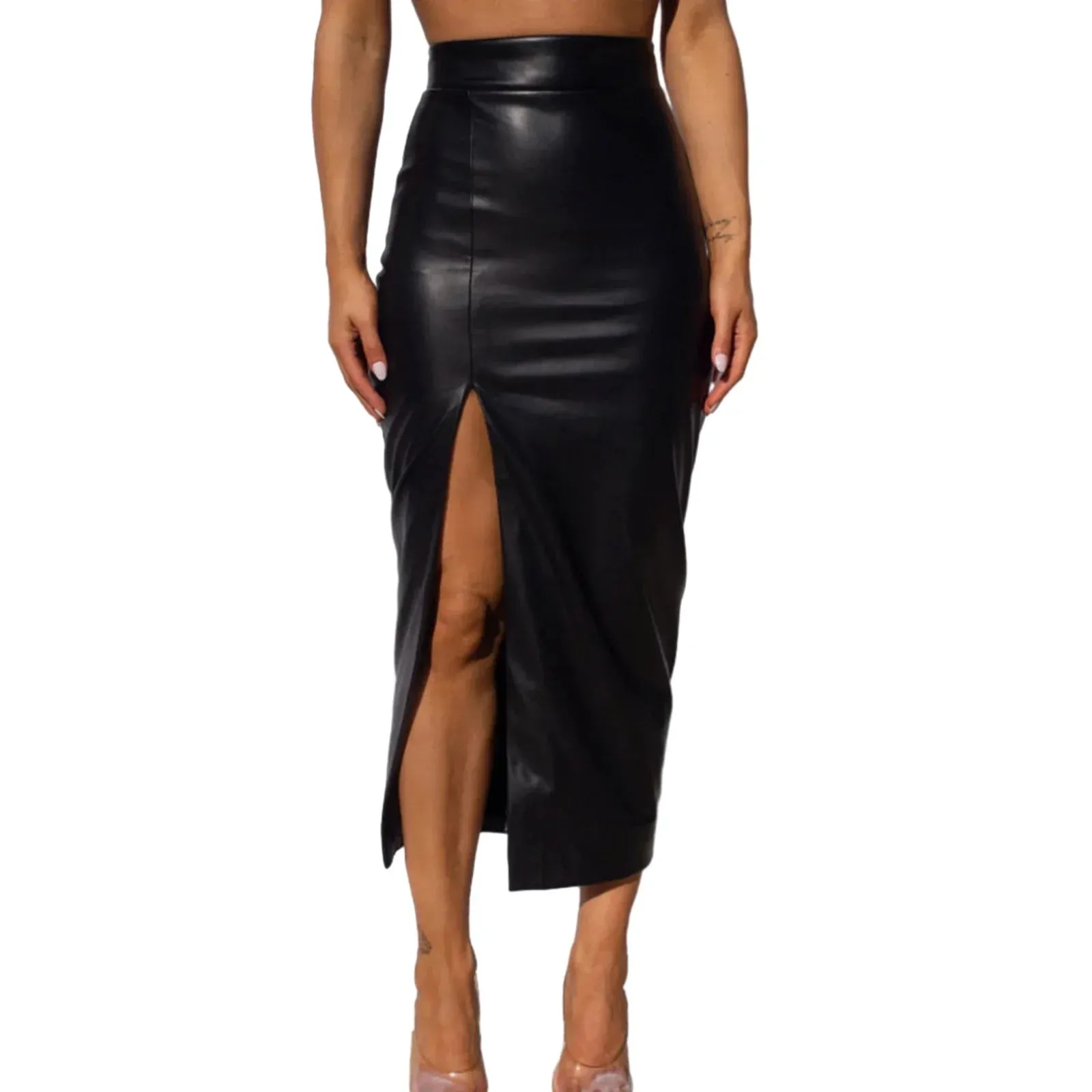 Waist Leather Solid Color Slit Hem Slim Elegant Leather Midi Pencil Mini High Skirt