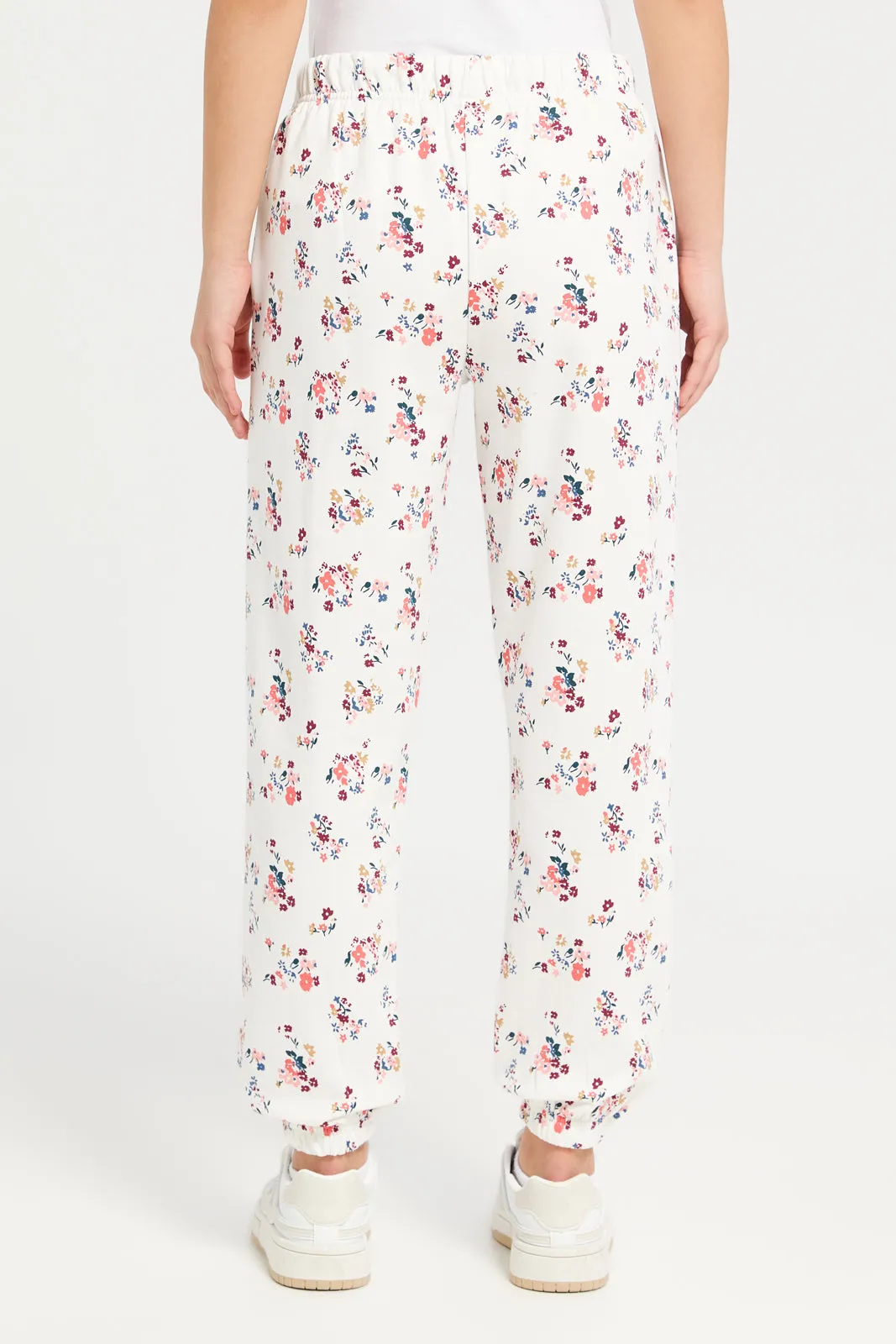 White Cream Ditsy Print Track Pants