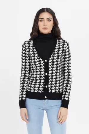 Women Black And White Jacquard Cardigan