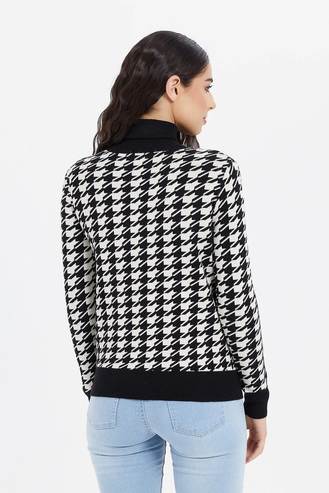 Women Black And White Jacquard Cardigan