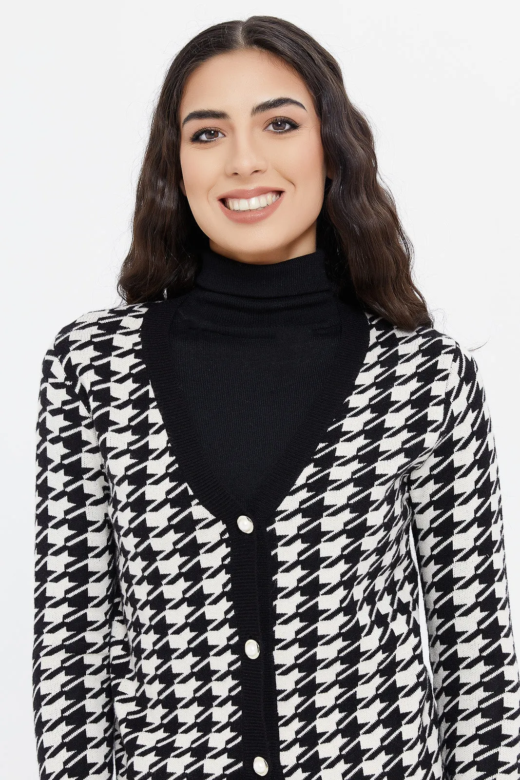 Women Black And White Jacquard Cardigan