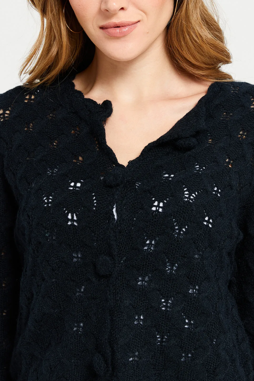 Women Black Knit Cropped Button Front Cardigan