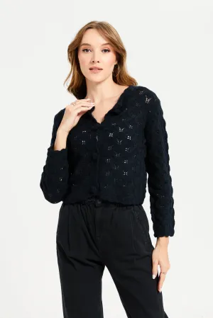 Women Black Knit Cropped Button Front Cardigan