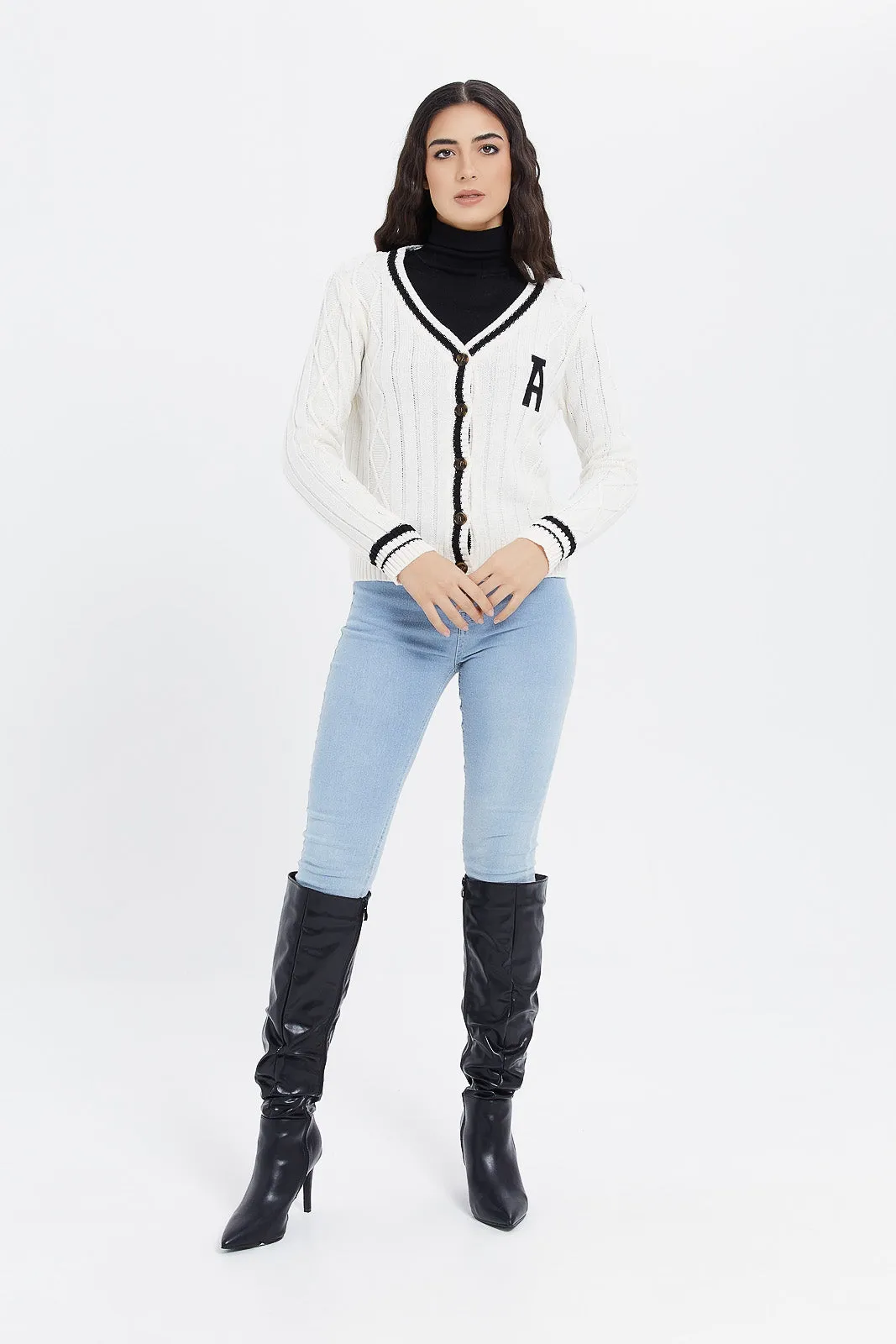 Women Cream Knitted Cardigan