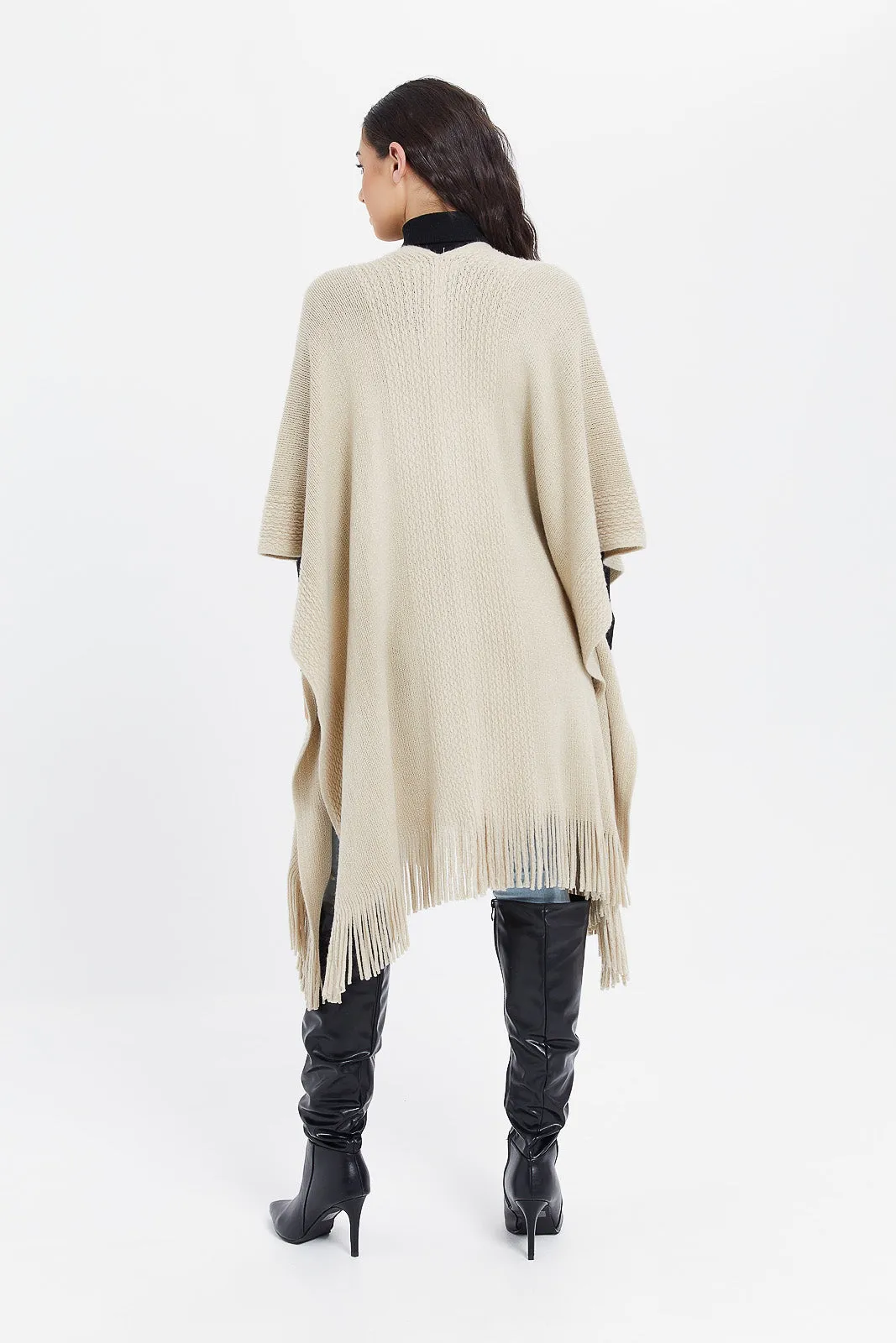 Women Ivory Knitted Poncho With Fringes Cardigan