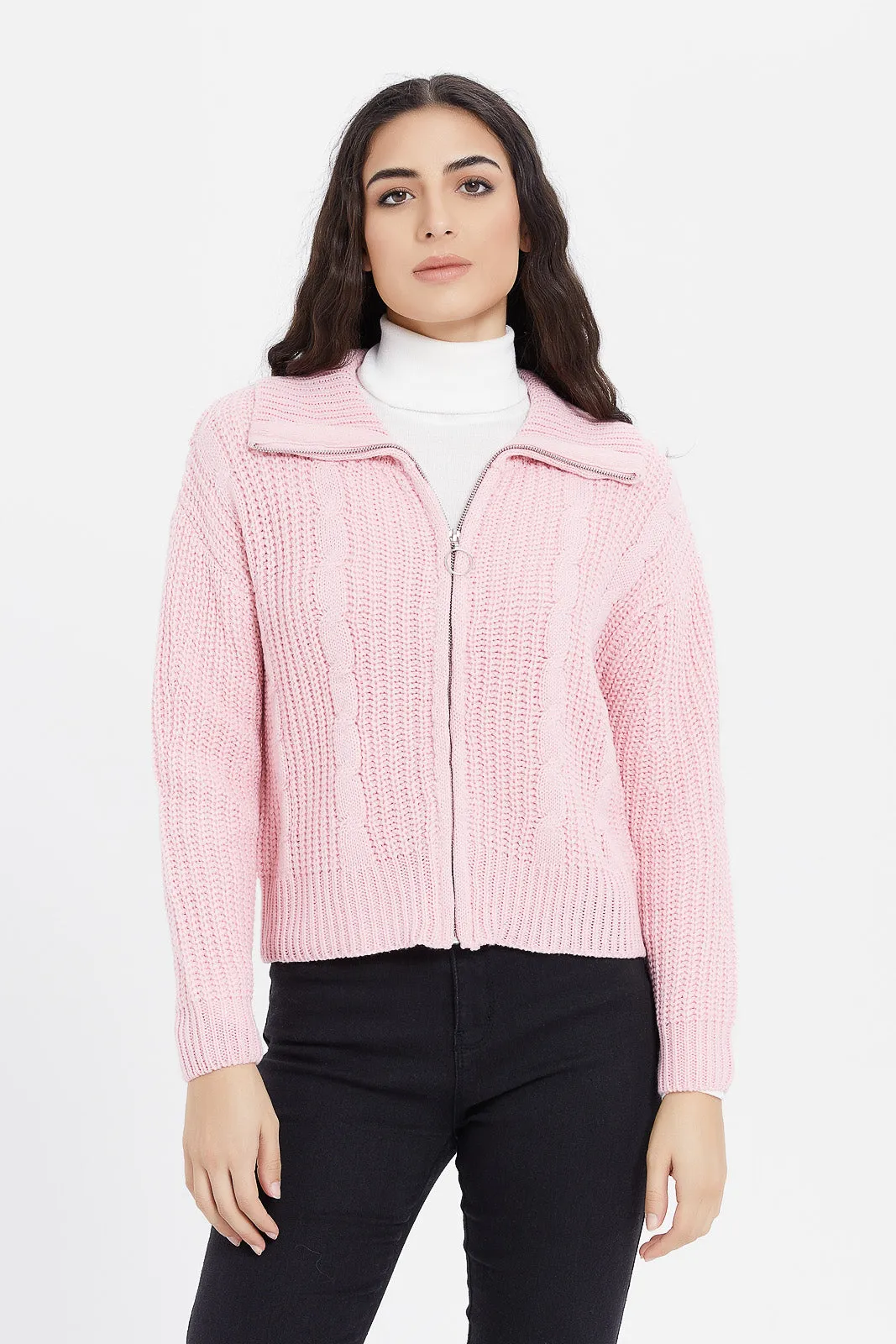 Women Pink Knitted Zip Cardigan